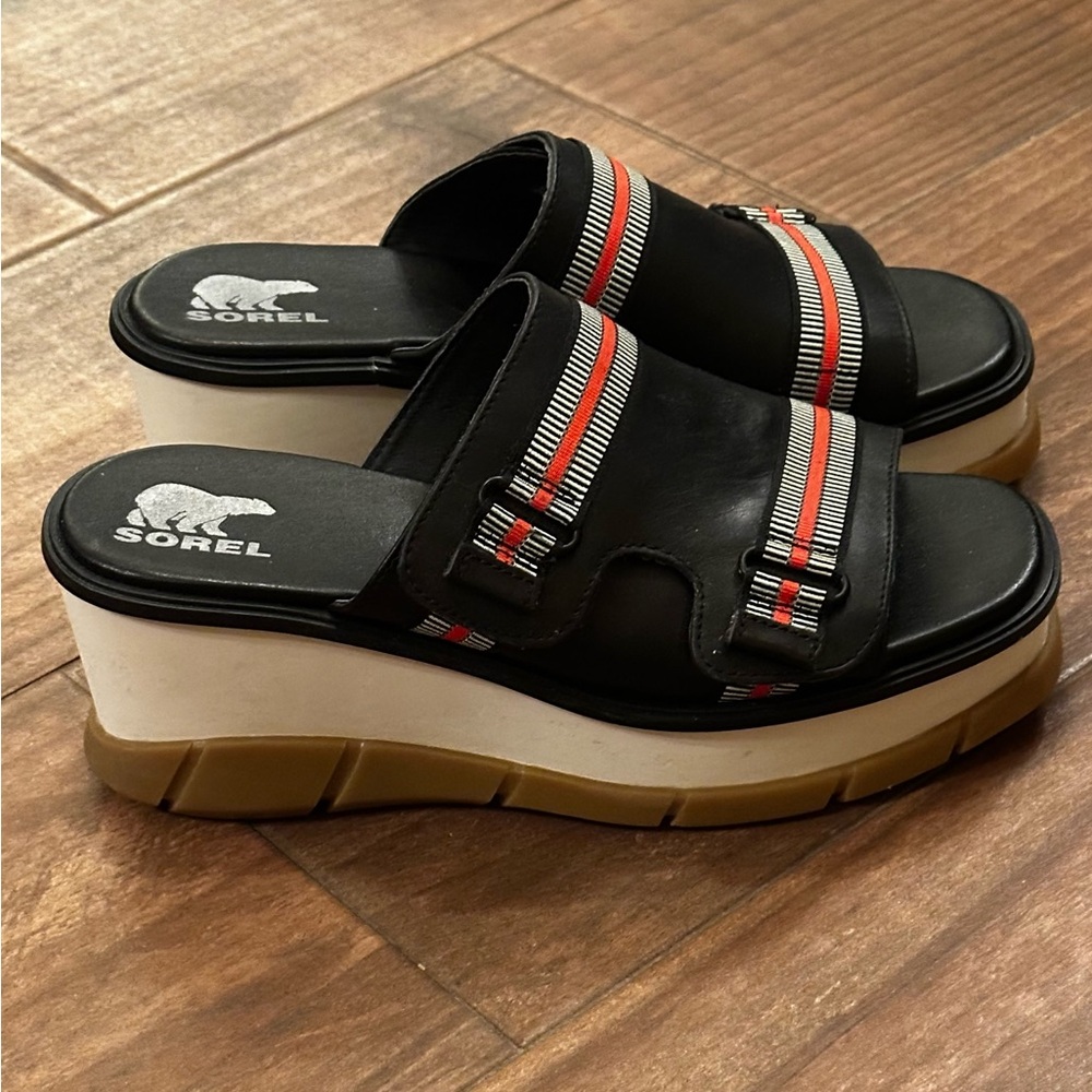 SOREL Joanie III Slide Wedge Sandals Women's Size 8 Black Leather Adjustable - Picture 3 of 6